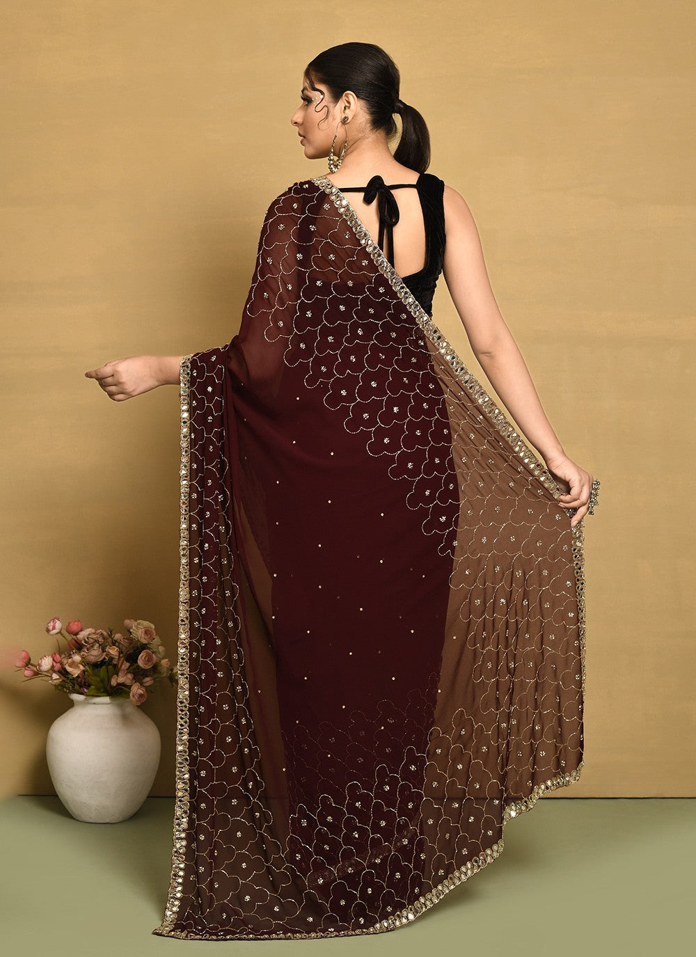 Traditional Hand Embroidery Georgette Saree - S9257