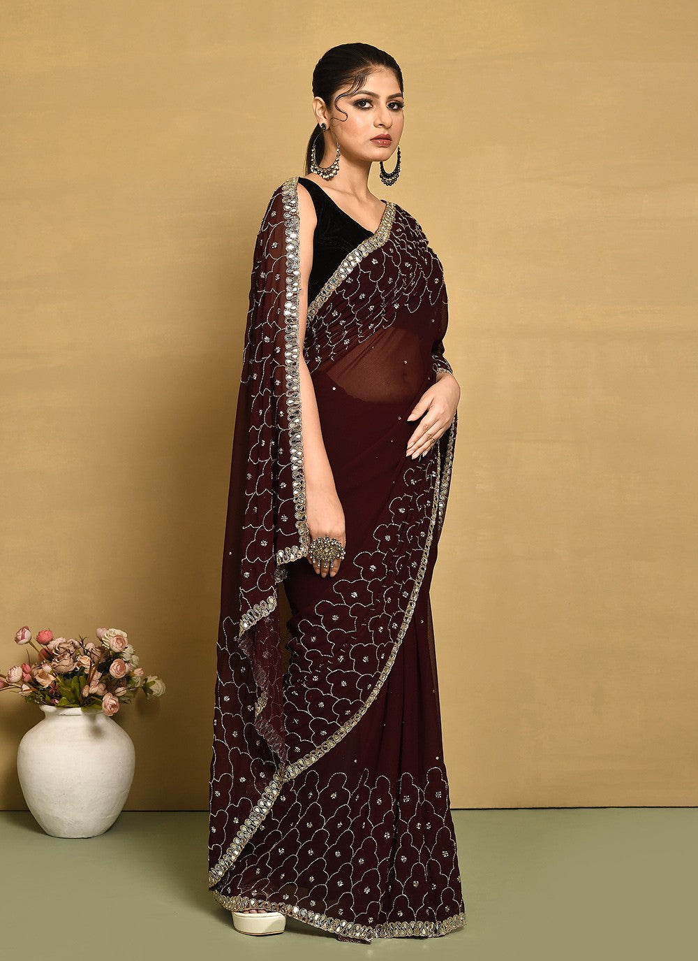 Traditional Hand Embroidery Georgette Saree - S9257