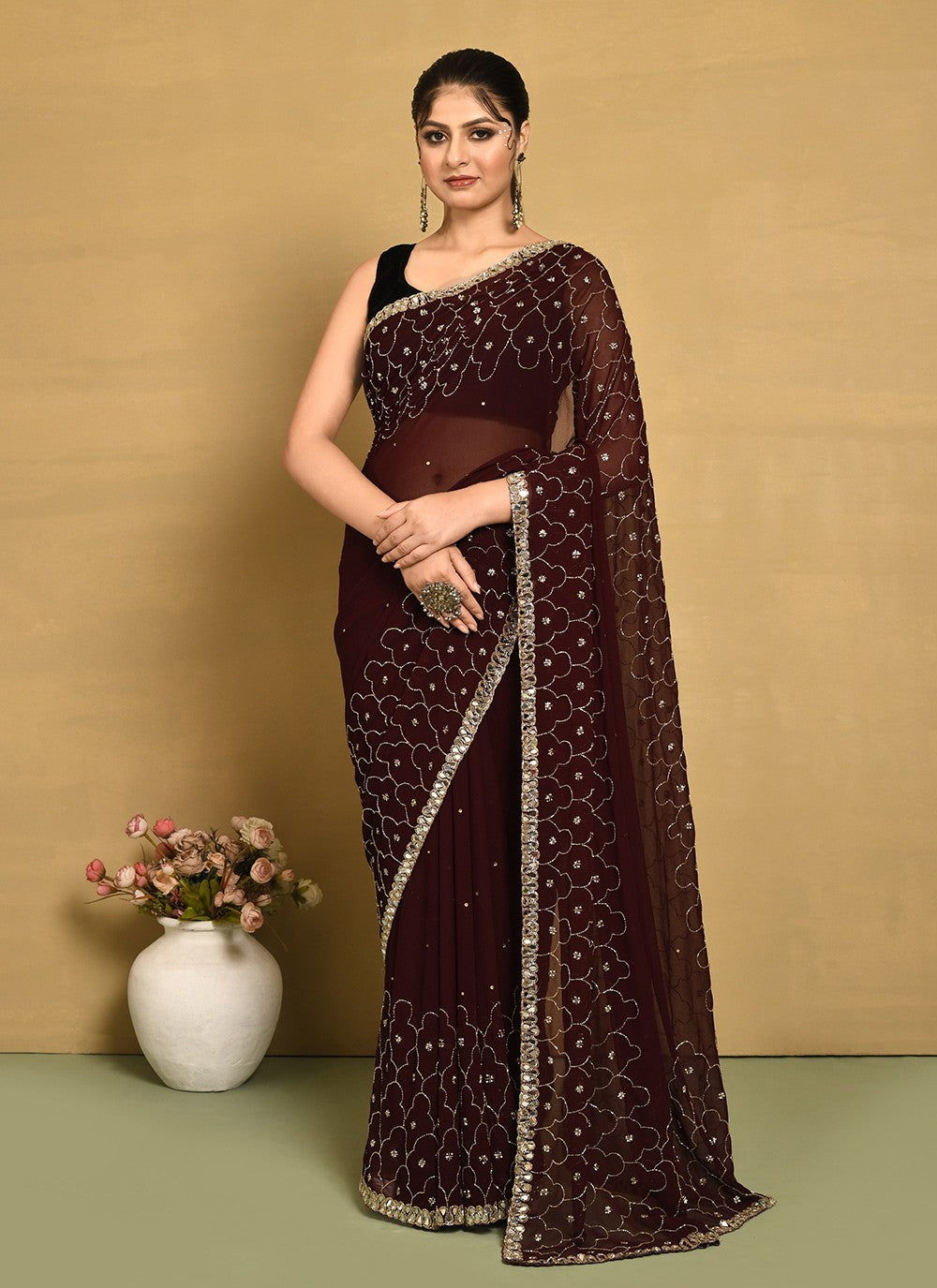 Traditional Hand Embroidery Georgette Saree - S9257