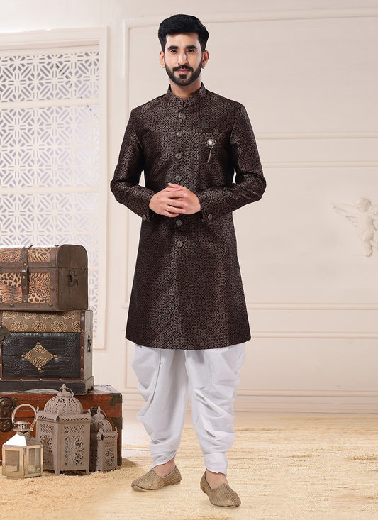 Embroidered Jacquard Brown Indo Western Sherwani - M4672