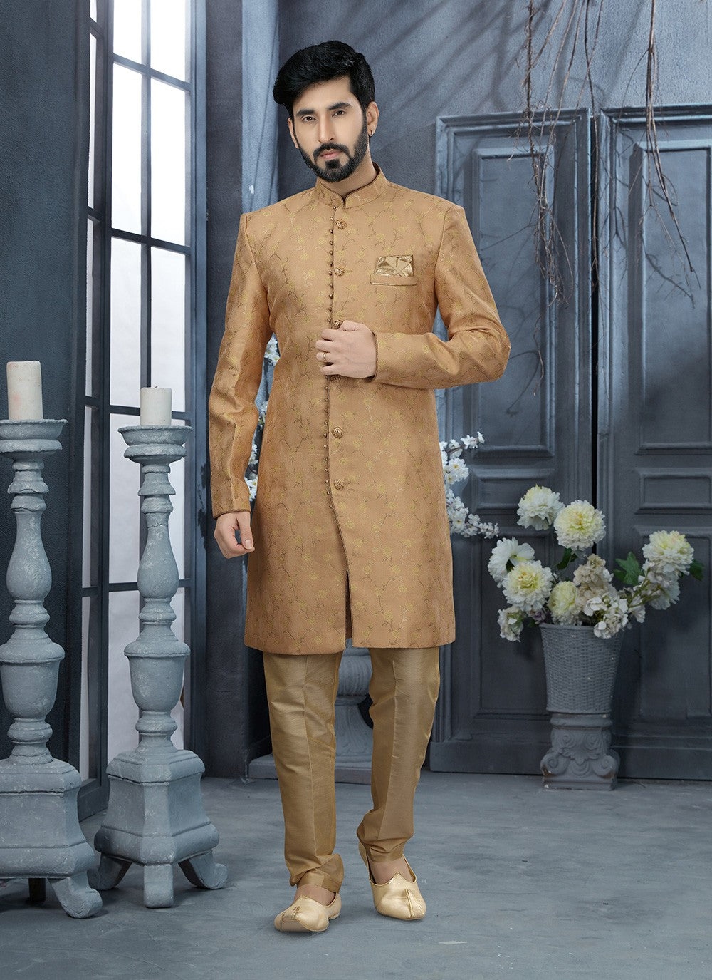 Zari Jacquard Brown Sherwani - M2918