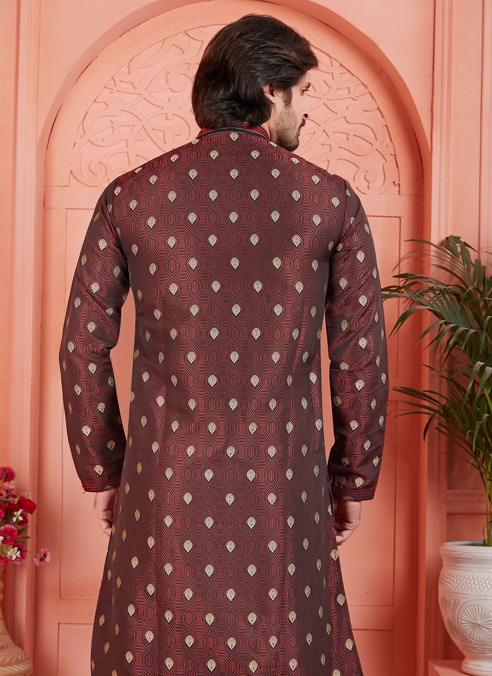 Pintex Brocade, Jacquard Silk Brown Kurta Pyjama - M7756