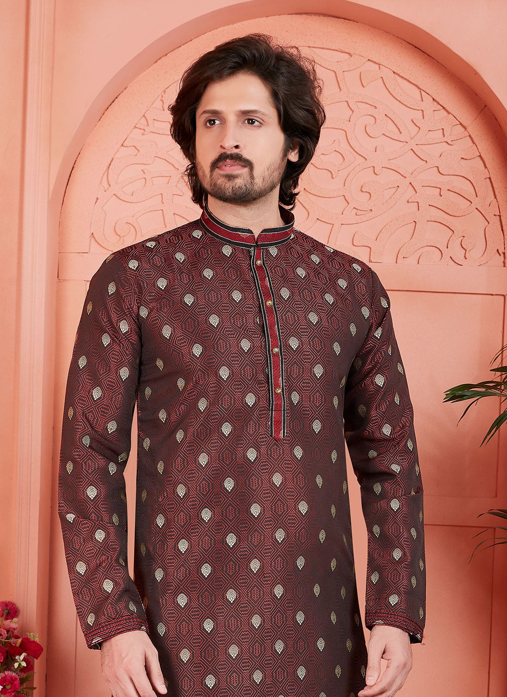 Pintex Brocade, Jacquard Silk Brown Kurta Pyjama - M7756