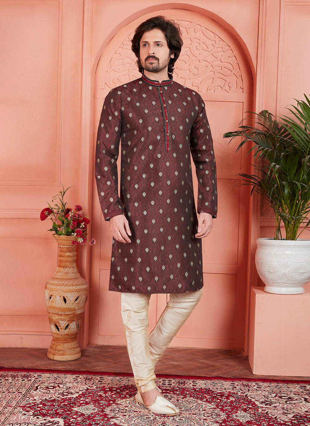 Pintex Brocade, Jacquard Silk Brown Kurta Pyjama - M7756