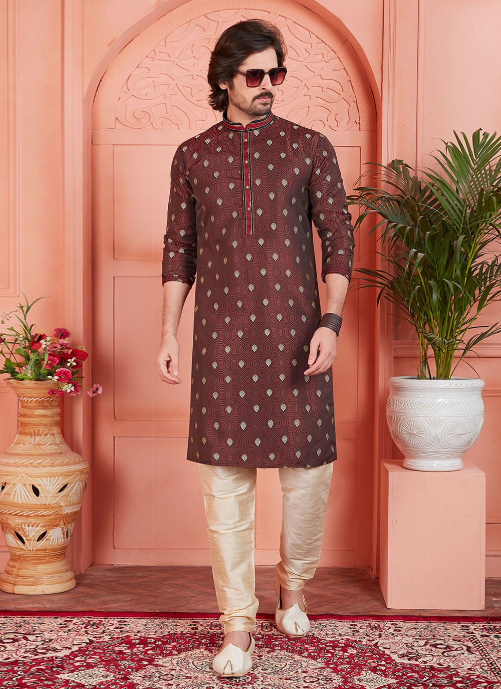 Pintex Brocade, Jacquard Silk Brown Kurta Pyjama - M7756