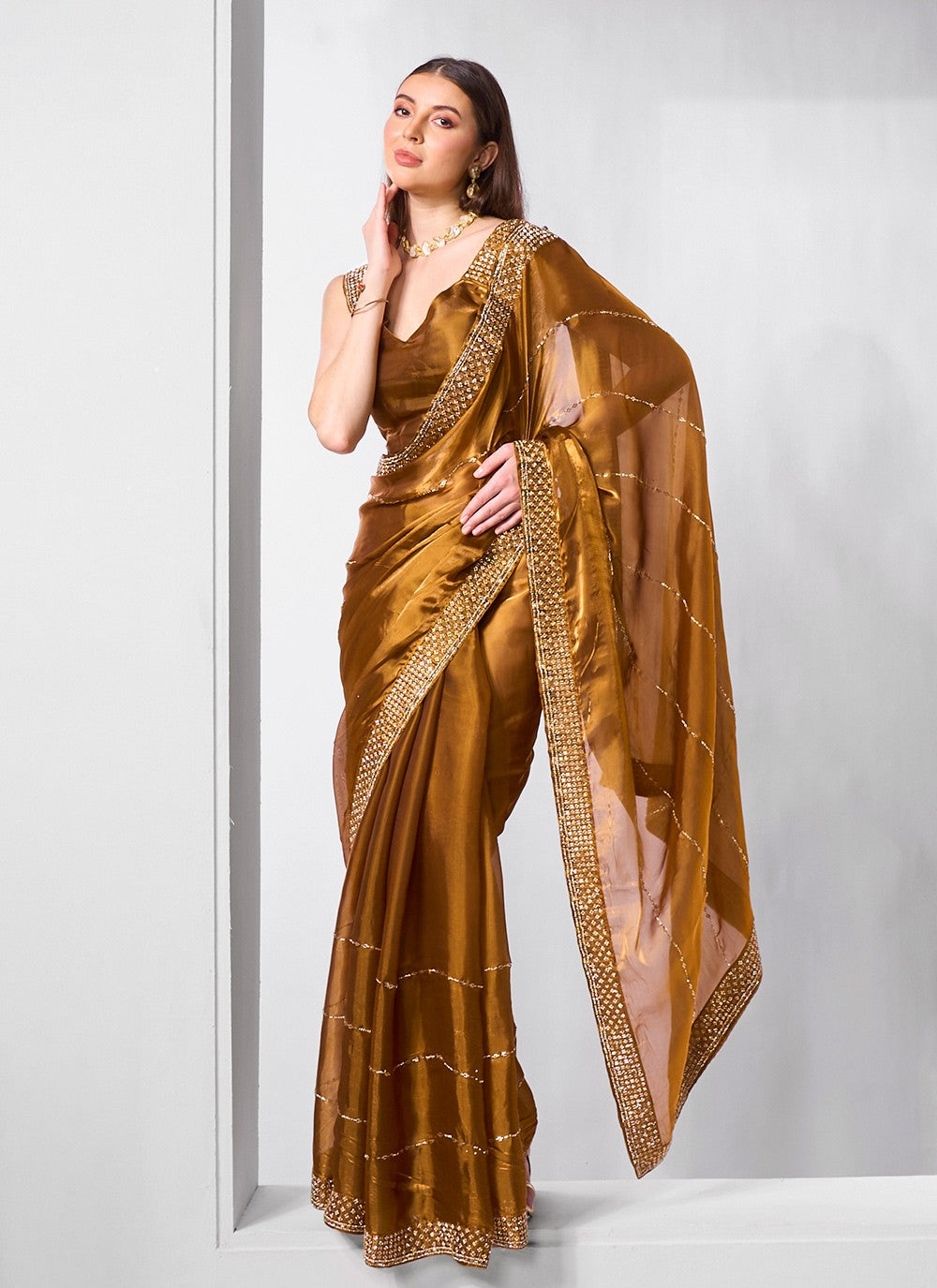 Classic Embroidered Net, Tissue Peach Saree - S10847