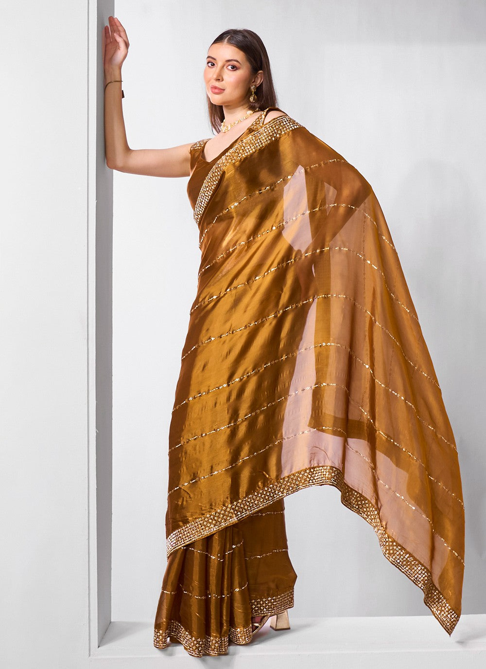 Classic Embroidered Net, Tissue Peach Saree - S10847