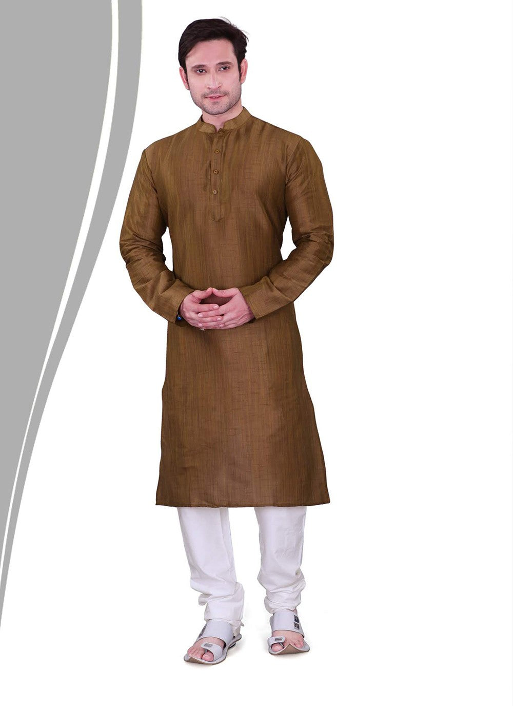 Plain Dupion Silk Brown Kurta Pyjama - M2142