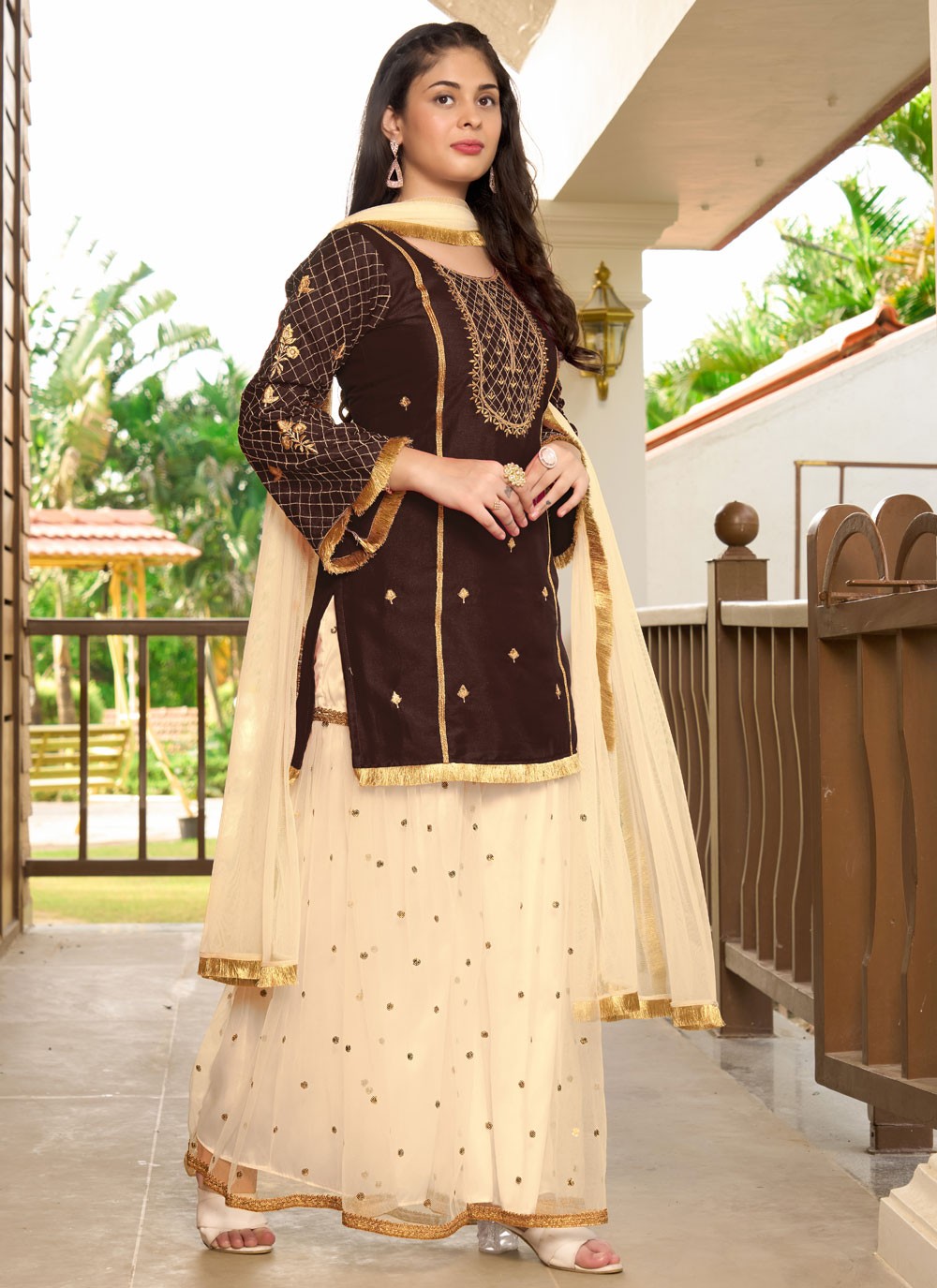 Embroidered Cotton Silk Palazzo Suit - T4411