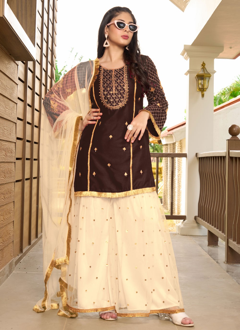 Embroidered Cotton Silk Palazzo Suit - T4411