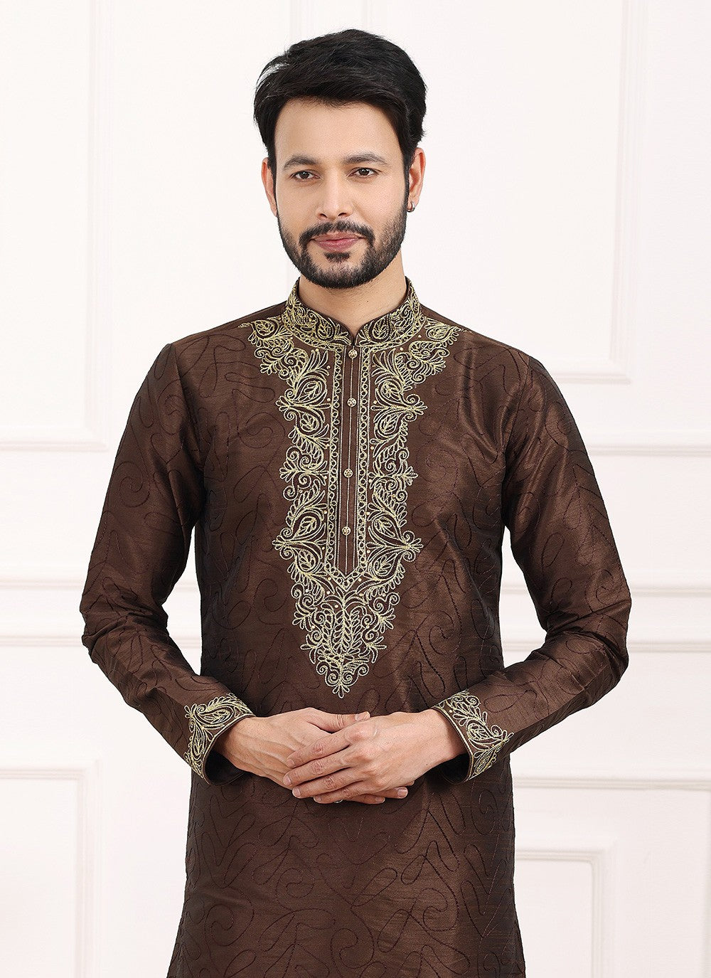 Thread Banarasi Silk Brown Kurta Pyjama - M6135