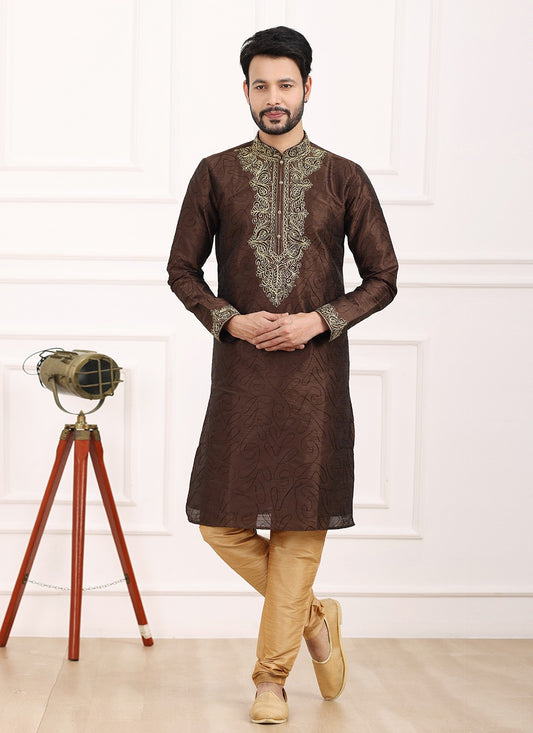 Thread Banarasi Silk Brown Kurta Pyjama - M6135