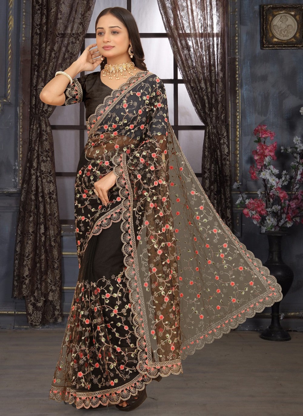 Classic Embroidered Net Saree - S3796