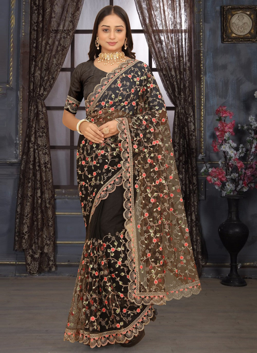 Classic Embroidered Net Saree - S3796