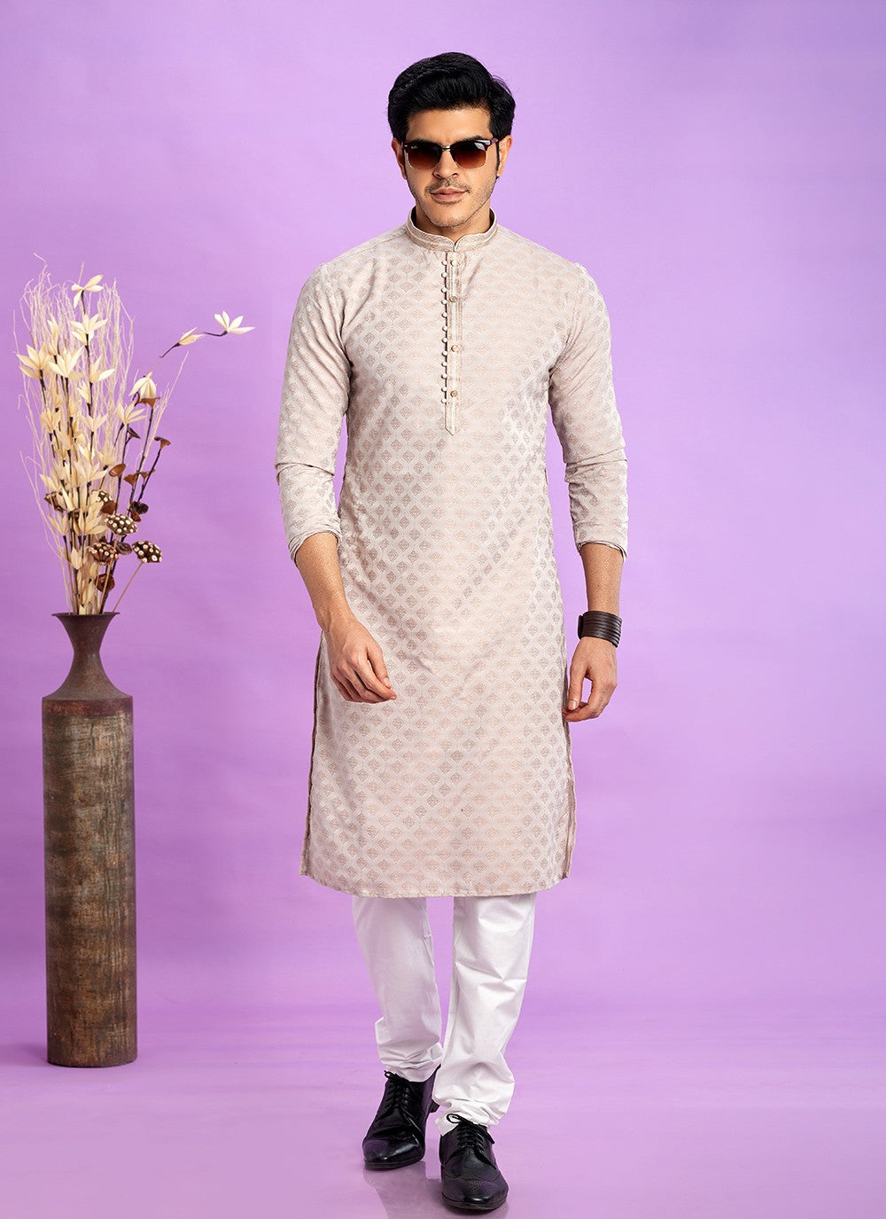 Fancy Work Jacquard Silk Brown Kurta Pyjama - M6923