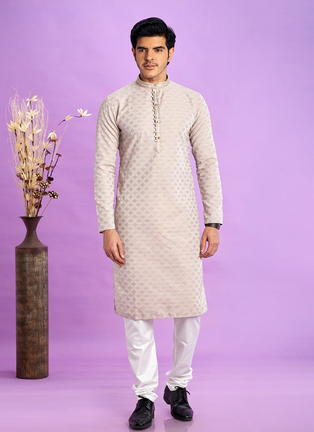 Fancy Work Jacquard Silk Brown Kurta Pyjama - M6923