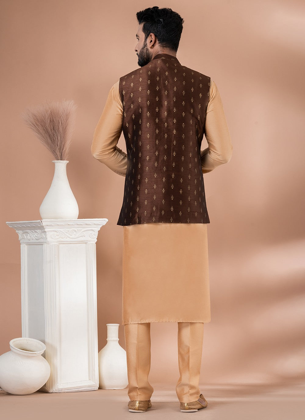 Plain Dupion Silk, Viscose Brown Kurta Payjama With Jacket - M7731