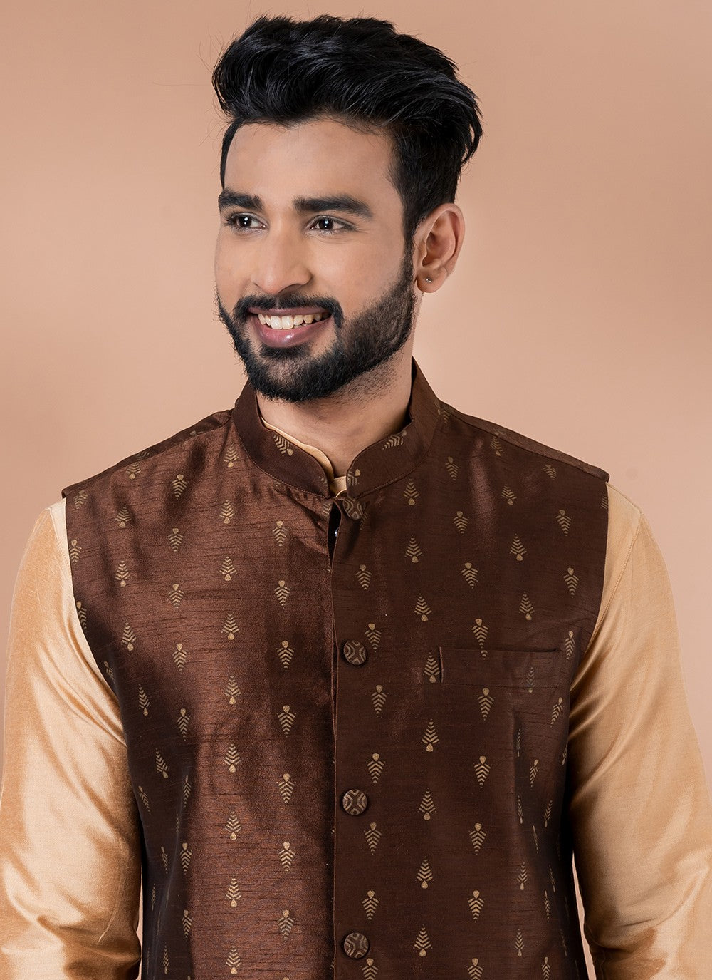 Plain Dupion Silk, Viscose Brown Kurta Payjama With Jacket - M7731