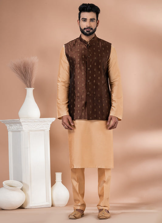 Plain Dupion Silk, Viscose Brown Kurta Payjama With Jacket - M7731