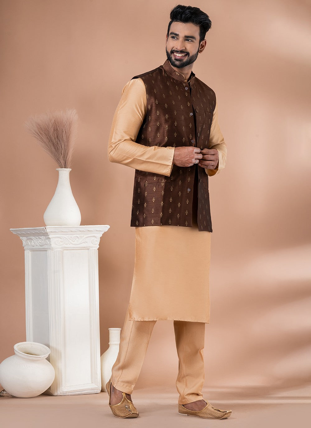 Plain Dupion Silk, Viscose Brown Kurta Payjama With Jacket - M7731