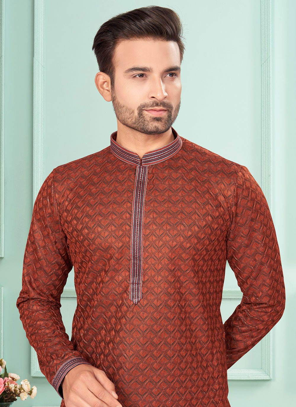 Fancy Work Jacquard Brown Kurta Pyjama - M7254