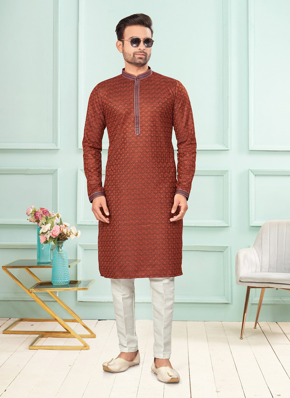 Fancy Work Jacquard Brown Kurta Pyjama - M7254