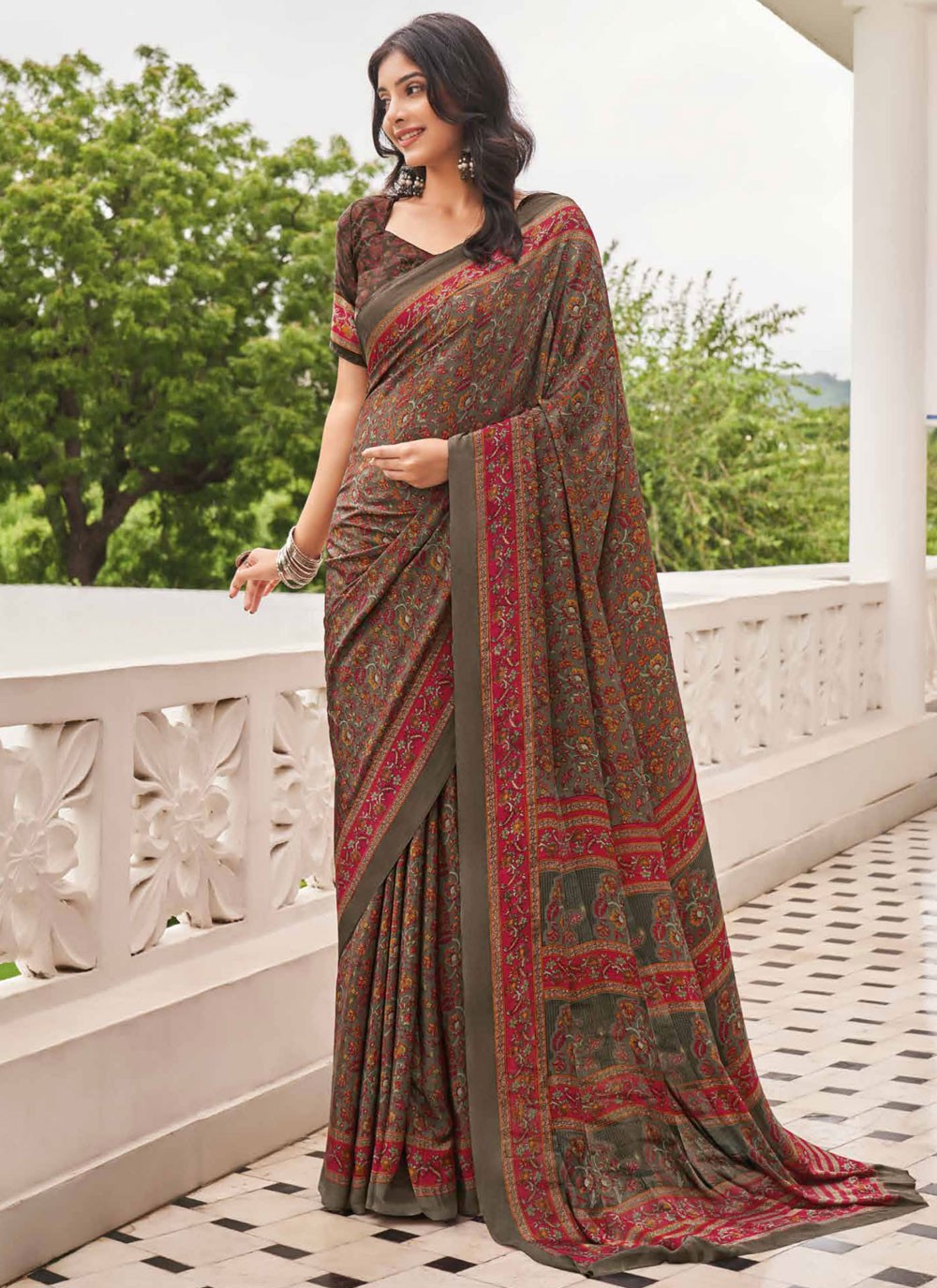 Contemporary Printed Pure Crepe Saree - S9443