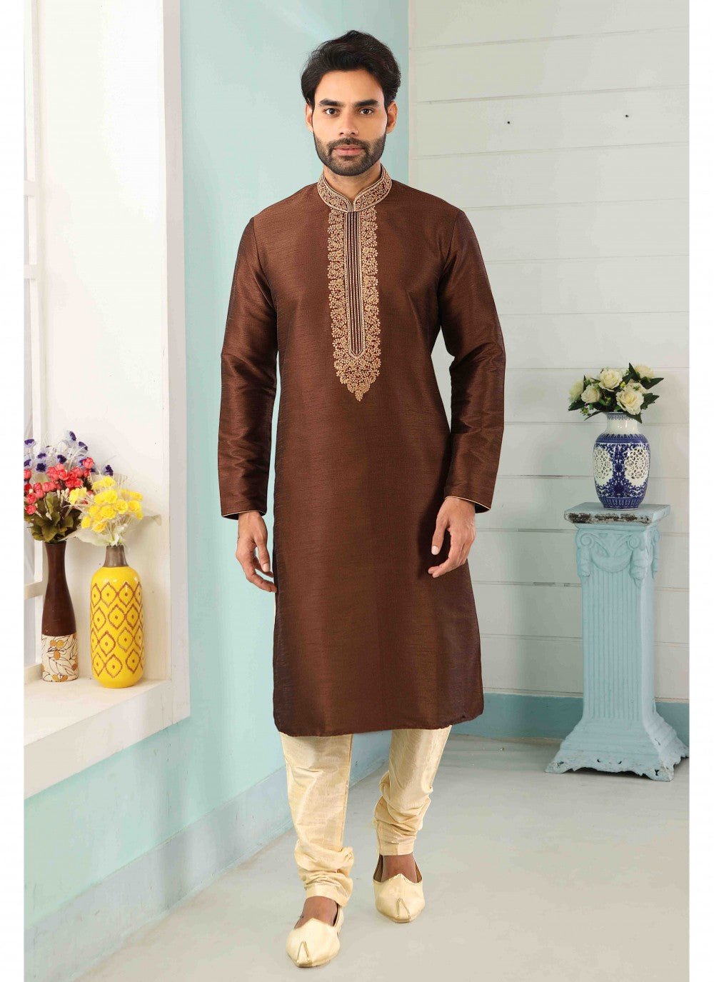 Embroidered Banarasi Silk Brown Kurta Pyjama - M1806