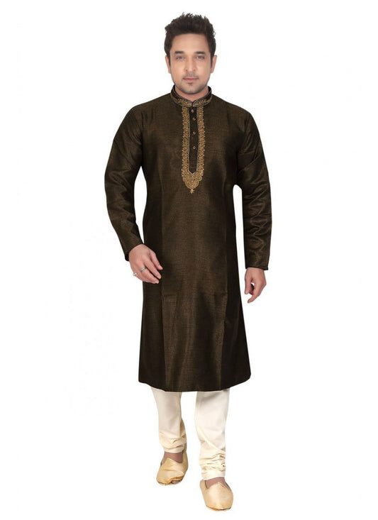 Embroidered Art Dupion Silk Brown Kurta Pyjama - M1277