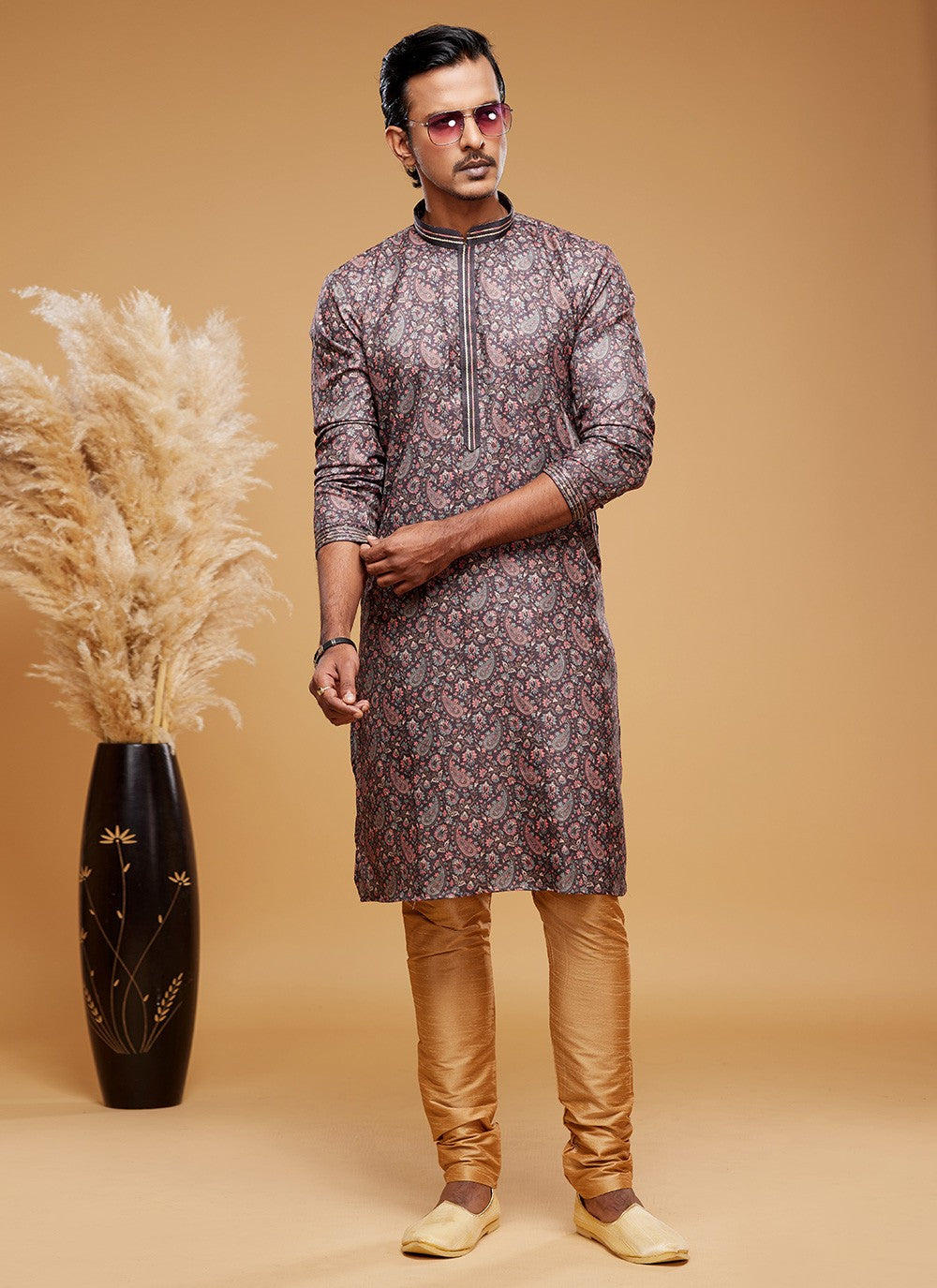 Digital Print Art Silk Brown Kurta Pyjama - M6029