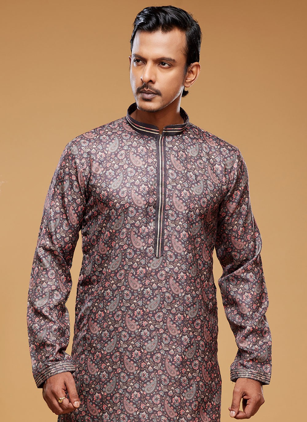 Digital Print Art Silk Brown Kurta Pyjama - M6029