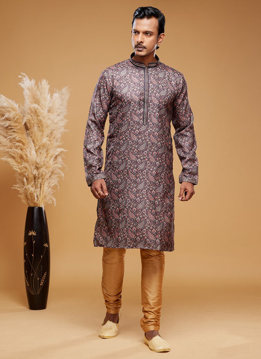 Digital Print Art Silk Brown Kurta Pyjama - M6029