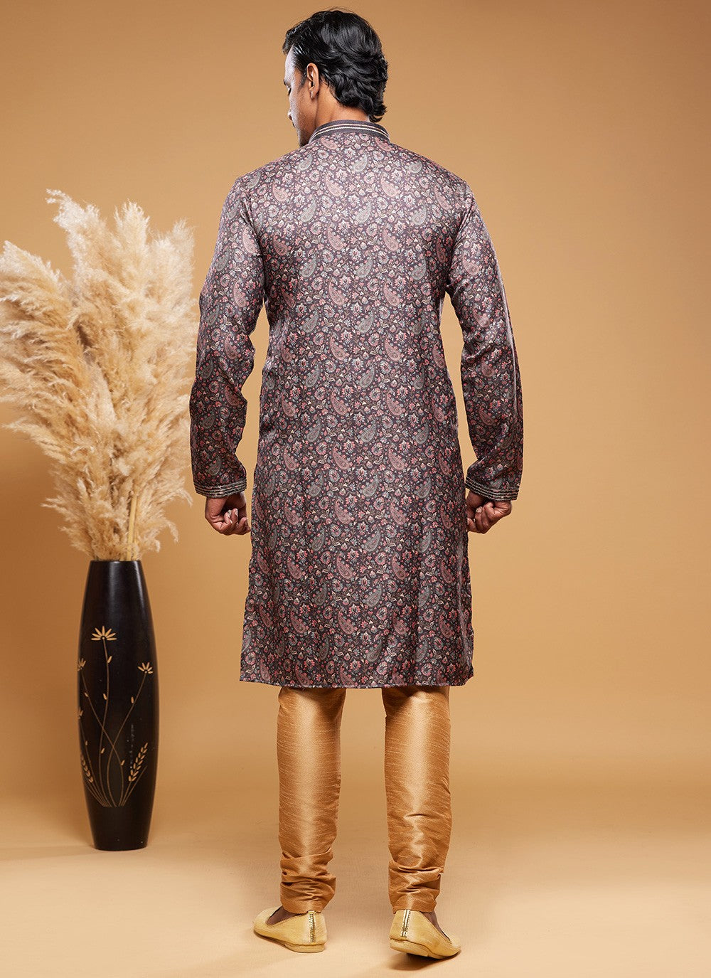 Digital Print Art Silk Brown Kurta Pyjama - M6029