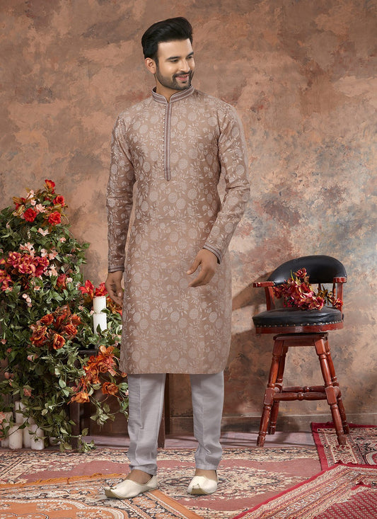 Digital Print Silk Brown Kurta Pyjama - M3057