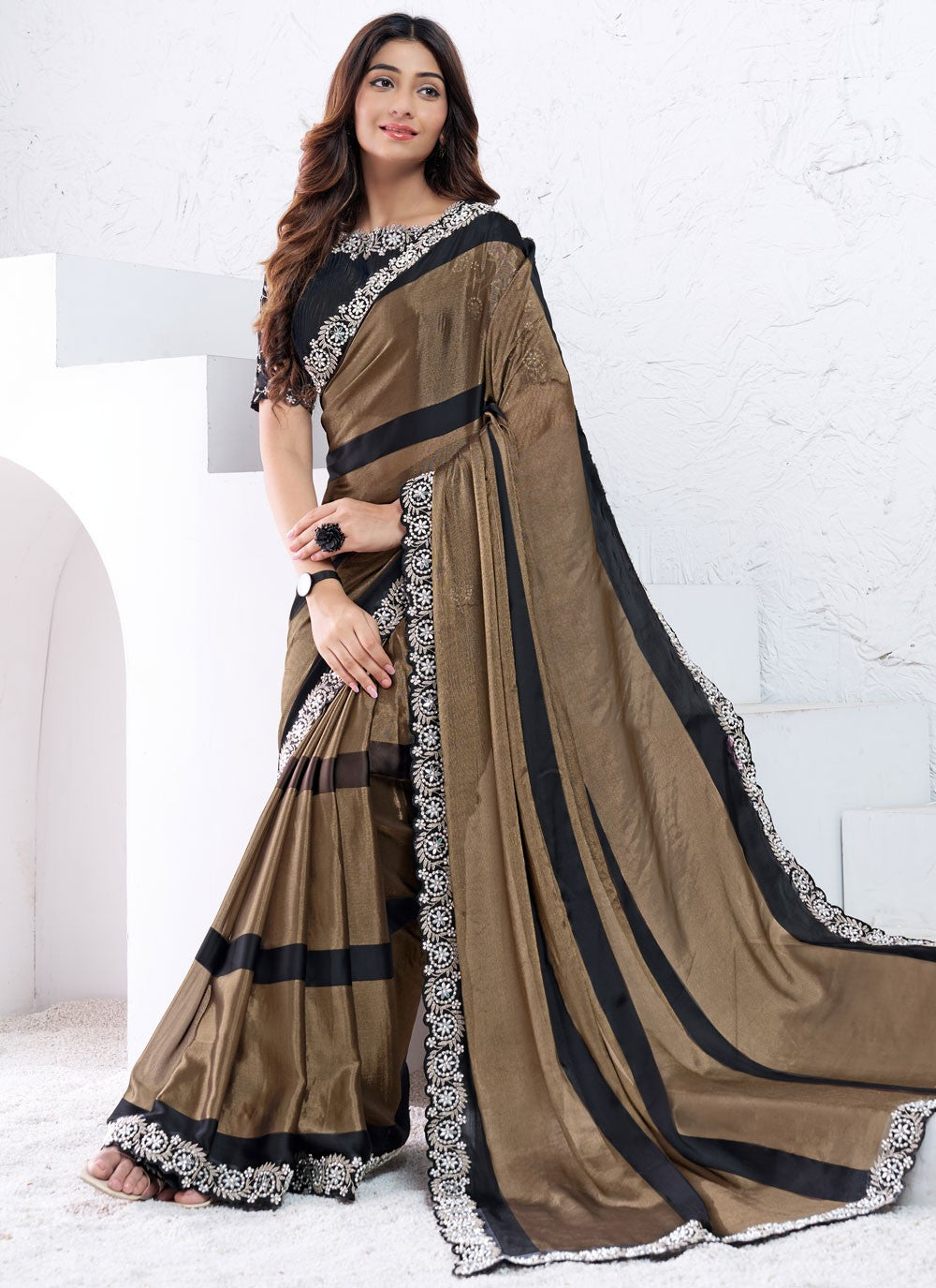 Embroidered, Moti, Sequins Crepe Silk Saree - S12036