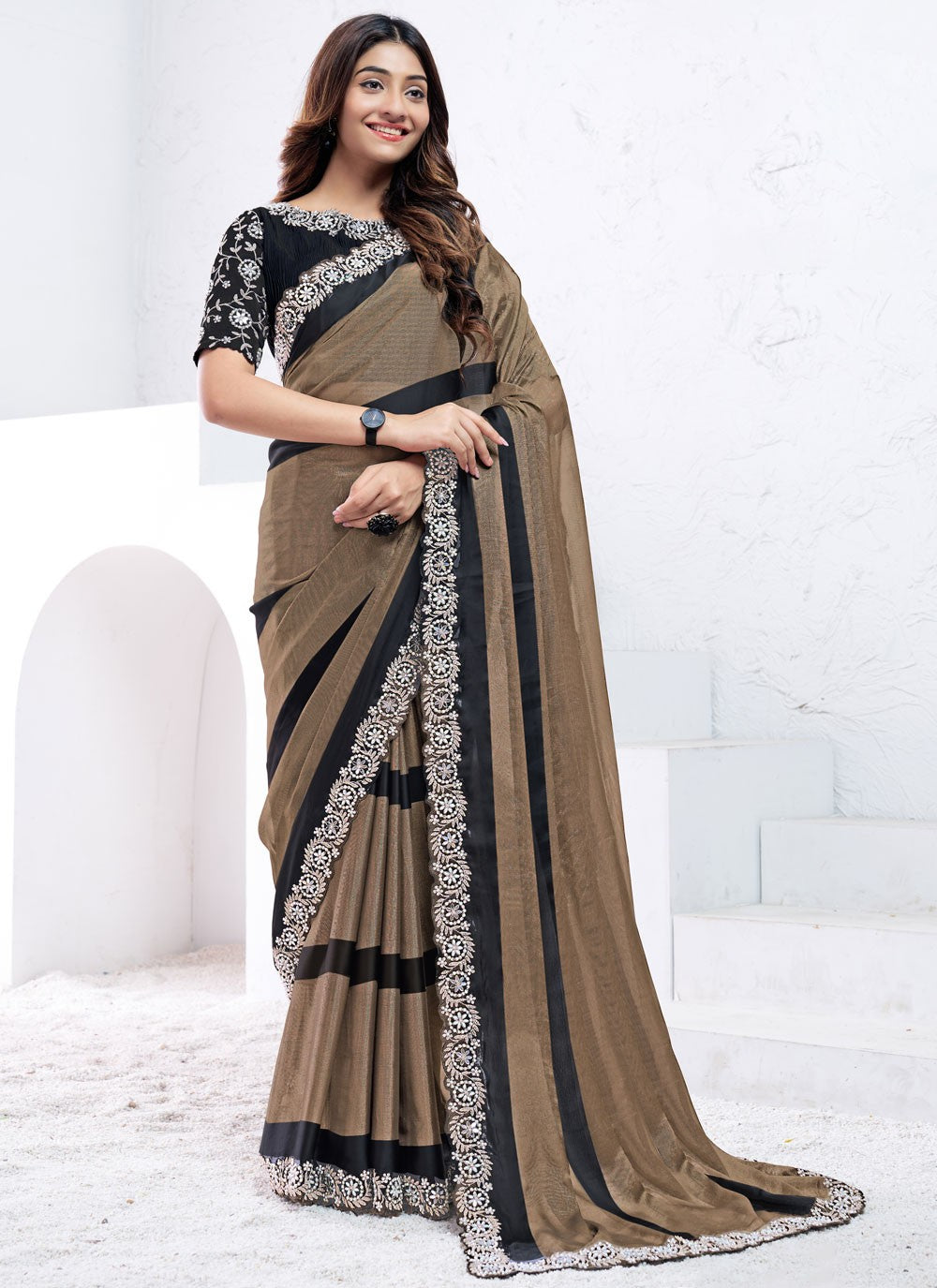 Embroidered, Moti, Sequins Crepe Silk Saree - S12036