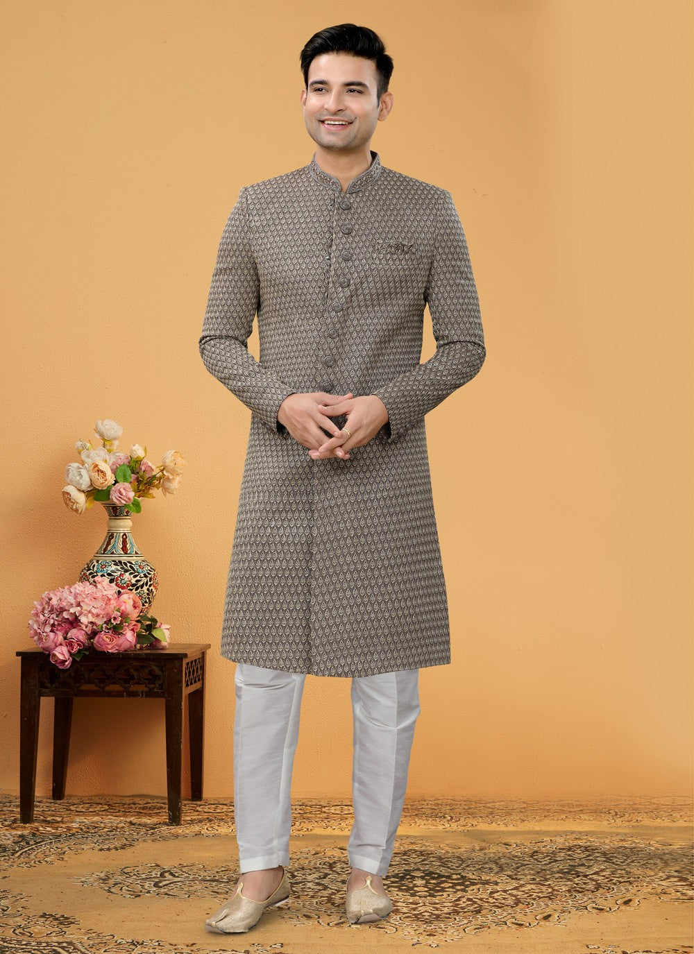 Hand Embroidery Fancy Fabric Brown Indo Western Sherwani - M5111