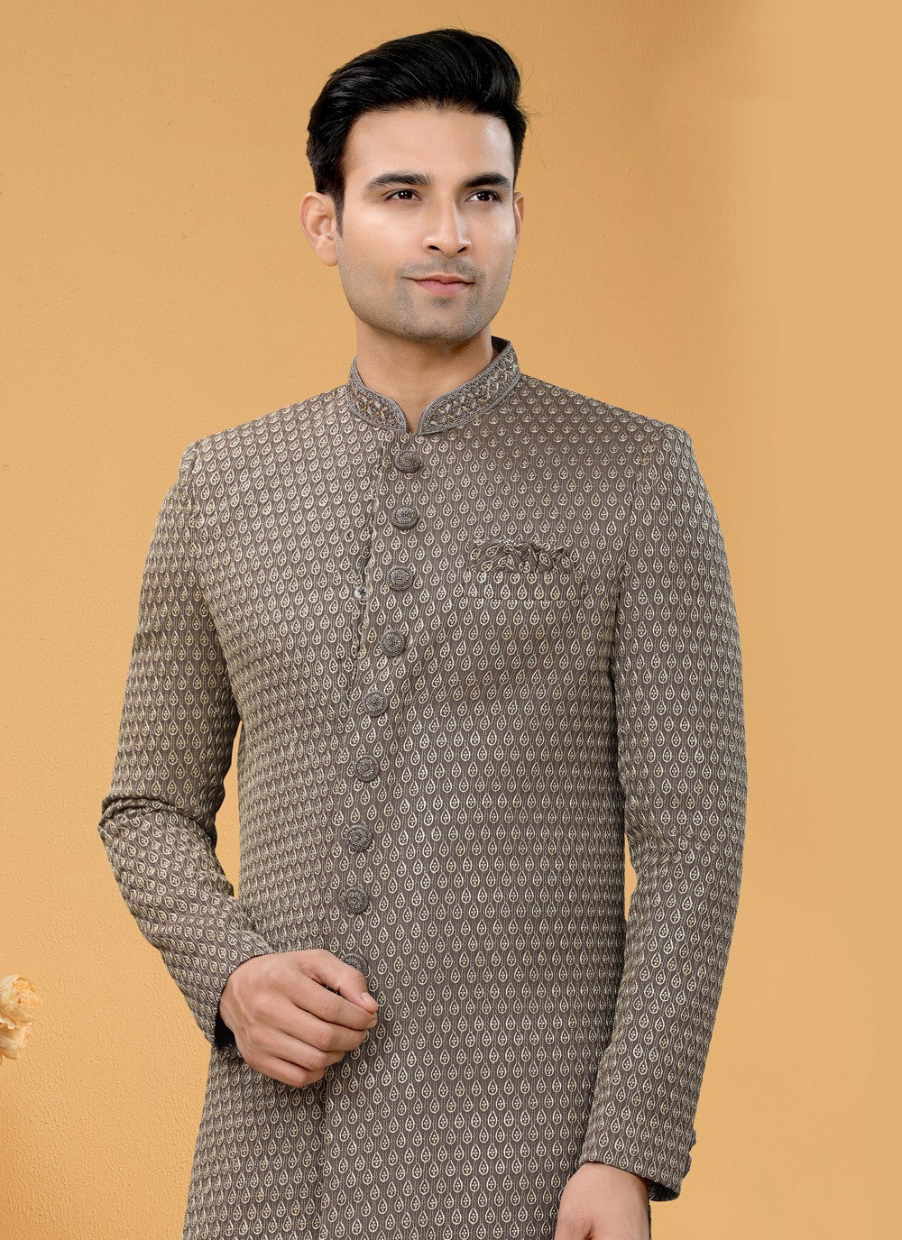 Hand Embroidery Fancy Fabric Brown Indo Western Sherwani - M5111