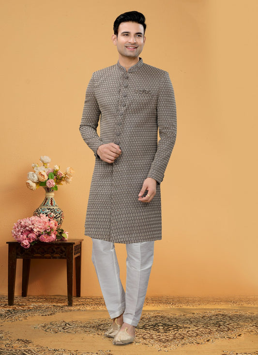 Hand Embroidery Fancy Fabric Brown Indo Western Sherwani - M5111