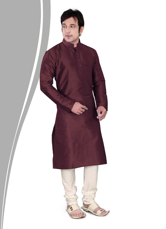 Plain Dupion Silk Burgundy Kurta Pyjama - M2160