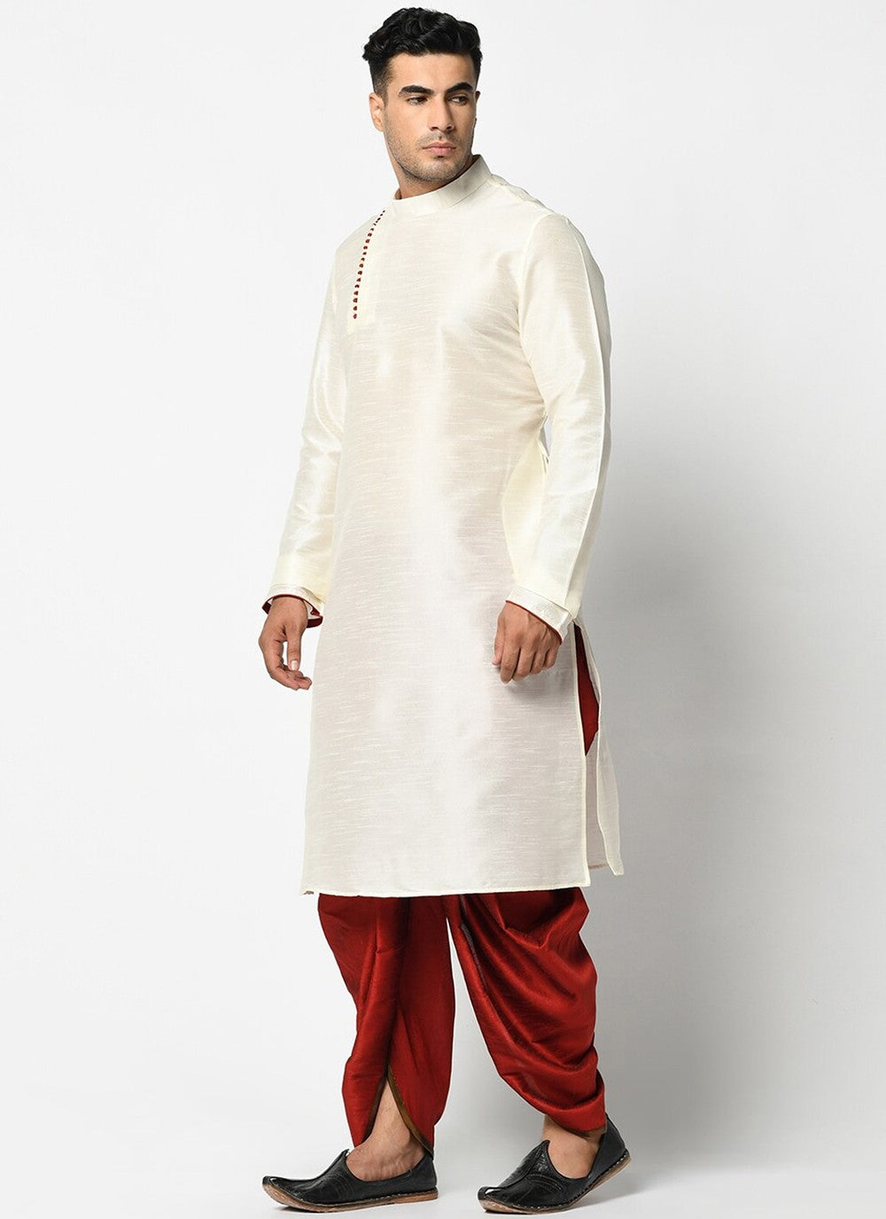 Buttons Dupion Silk Off White Dhoti Kurta - M2414