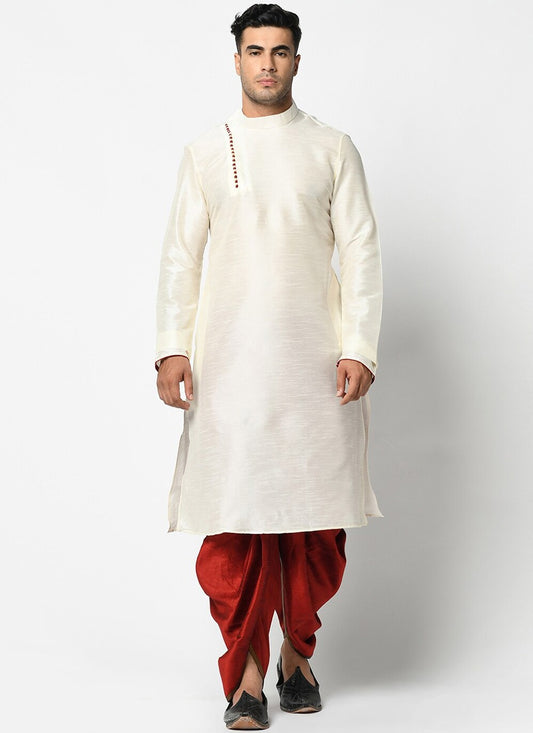 Buttons Dupion Silk Off White Dhoti Kurta - M2414