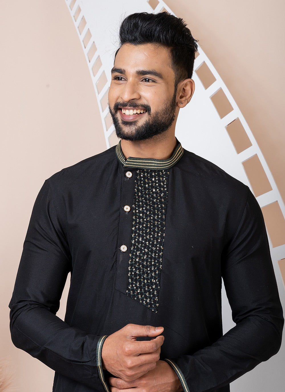 Buttons Viscose Black Kurta Pyjama - M8563