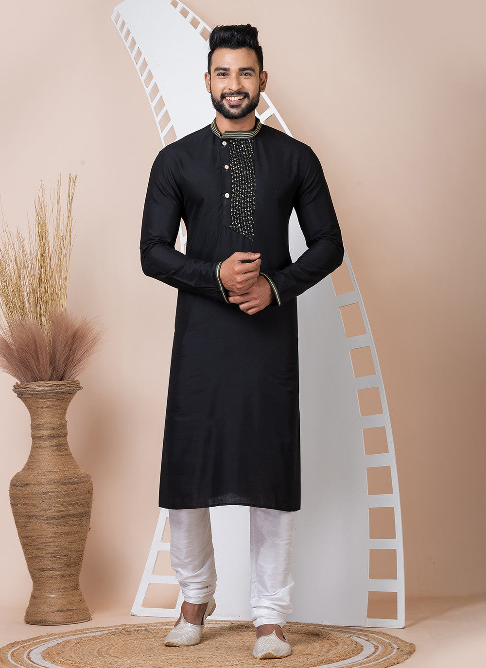 Buttons Viscose Black Kurta Pyjama - M8563