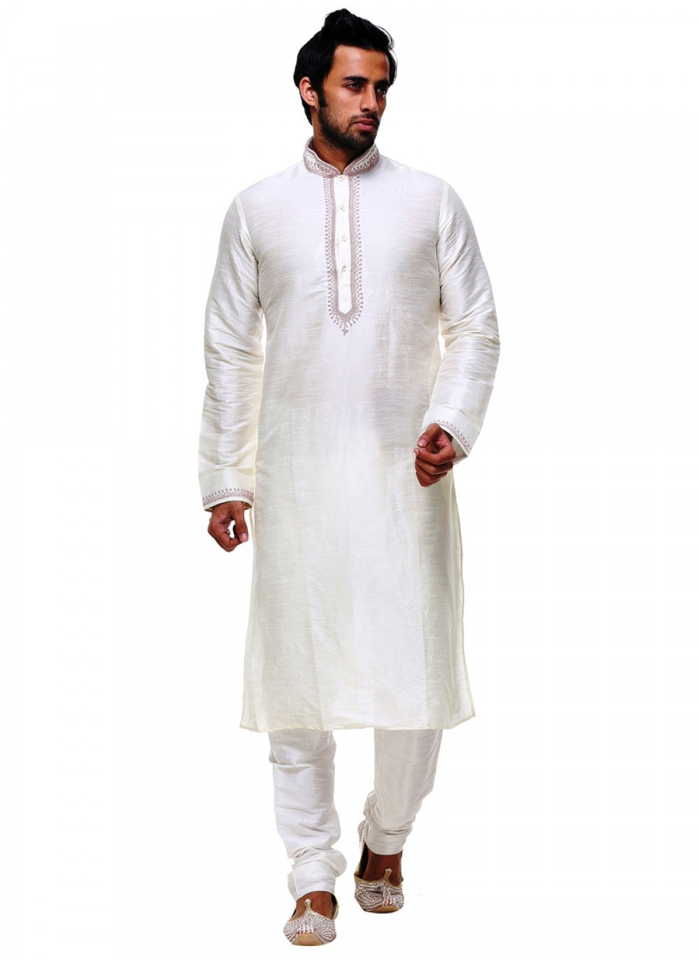 Embroidered Silk Off White Kurta Pyjama - M1030