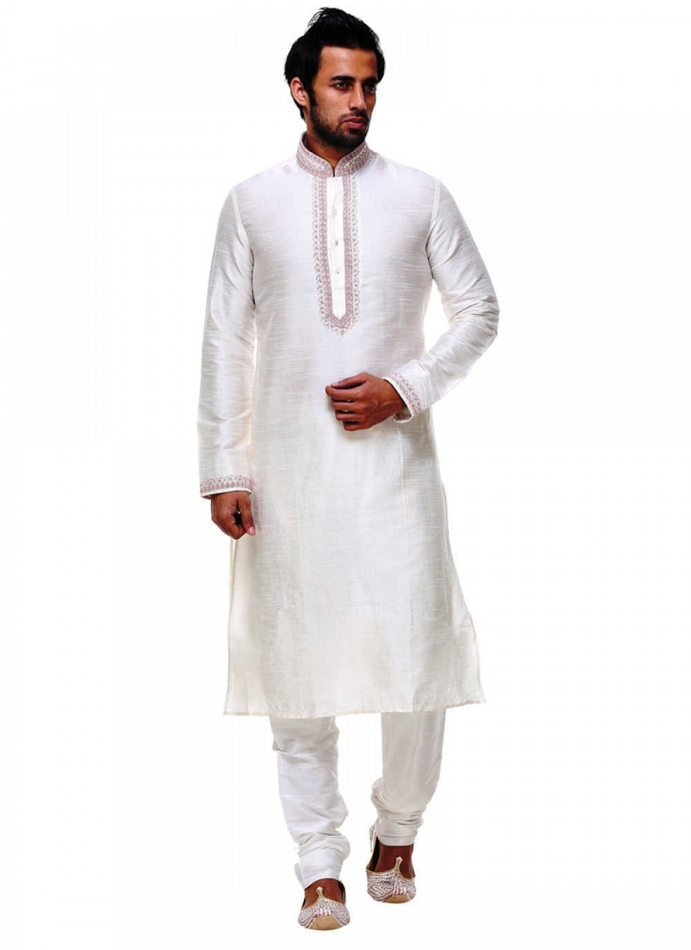 Embroidered Silk Off White Kurta Pyjama - M1018