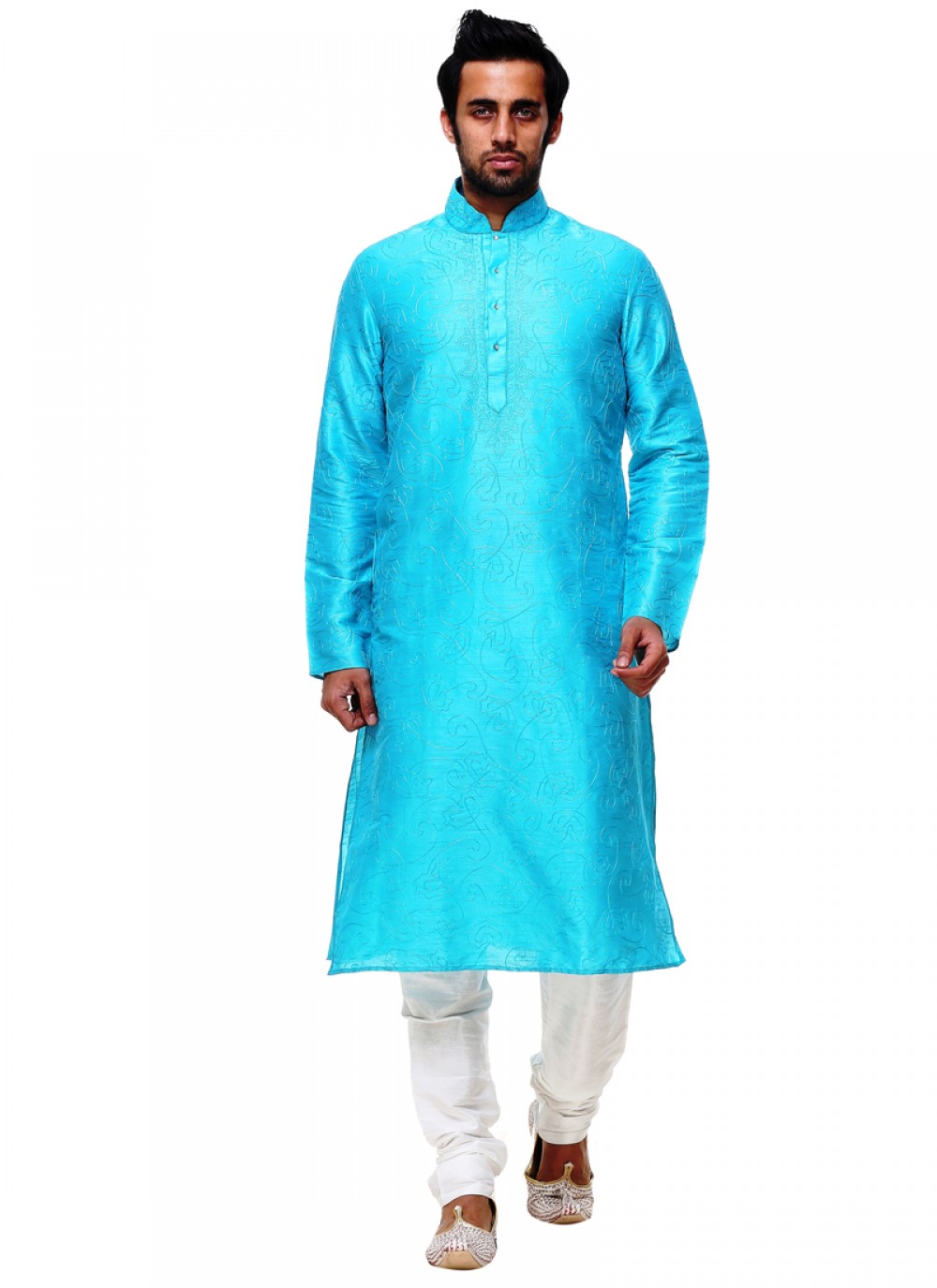 Embroidered Silk Turquoise Kurta Pyjama - M1022