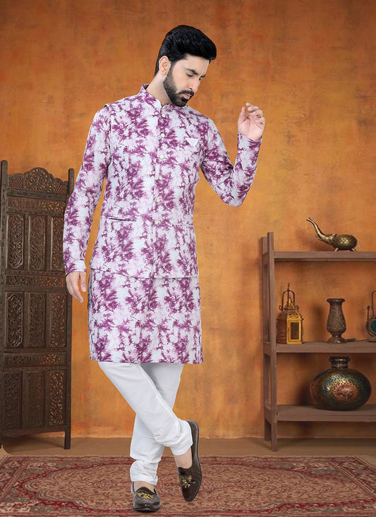 Printed Chanderi Cotton Pink Kurta Payjama With Jacket - M8772