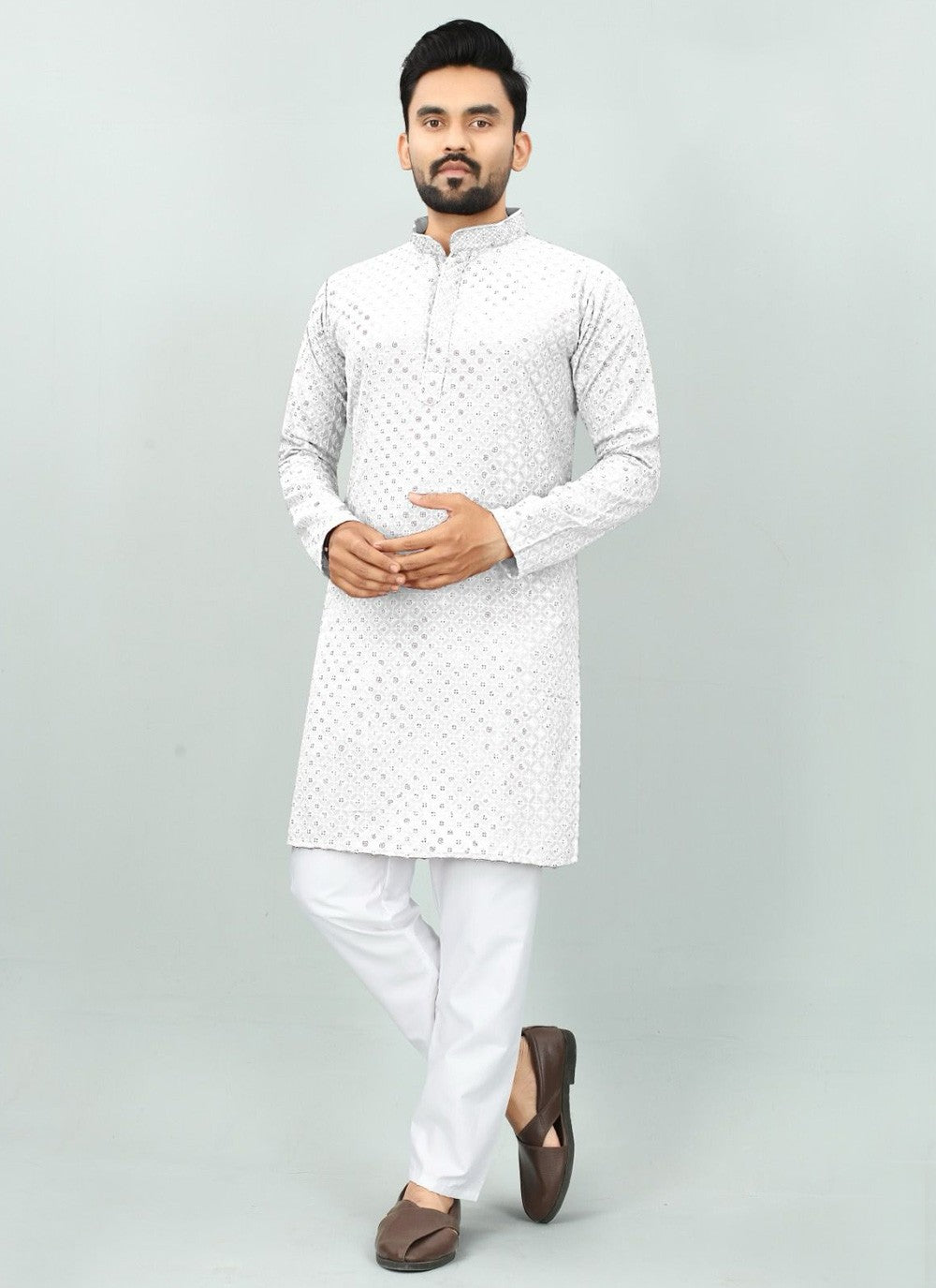 Chicken Rayon White Kurta Pyjama - M6082