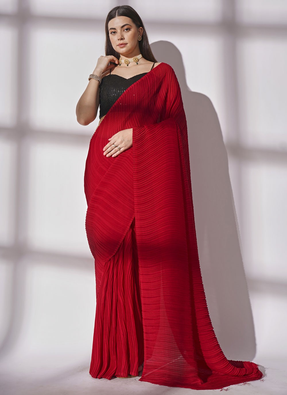 Classic Fancy Work Chiffon Morpeach Saree - S10757